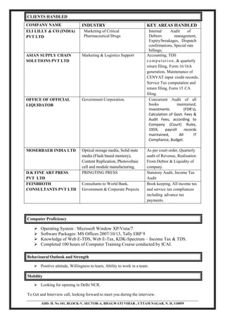 ADD: H. No 101, BLOCK-V, SECTOR-A, BHAGWATI VIHAR , UTTAM NAGAR, N. D, 110059
CLIENTS HANDLED
Computer Proficiency
 Operating System : Microsoft Window XP/Vista/7
 Software Packages: MS Offices 2007/10/13, Tally ERP 9
 Knowledge of Web E-TDS, Web E-Tax, KDK-Spectrum – Income Tax & TDS.
 Completed 100 hours of Computer Training Course conducted by ICAI.
Behavioural Outlook and Strength
 Positive attitude, Willingness to learn, Ability to work in a team.
Mobility
 Looking for opening in Delhi NCR.
To Get and Interview call, looking forward to meet you during the interview.
COMPANY NAME INDUSTRY KEY AREAS HANDLED
ELI LILLY & CO (INDIA)
PVT LTD
Marketing of Critical
Pharmaceutical Drugs
Internal Audit of
Debtors management,
Expiry/breakages, Dispatch
confirmations, Special rate
billings;
ASIAN SUPPLY CHAIN
SOLUTIONS PVT LTD
Marketing & Logistics Support Accounting, TDS
computation , & quarterly
return filing, Form 16/16A
generation, Maintenance of
CENVAT input credit records,
Service Tax computation and
return filing, Form 15 CA
filing.
OFFICE OF OFFICIAL
LIQUIDATOR
Government Corporation. Concurrent Audit of all
books maintained,
Investments (FDR’s),
Calculation of Govt. Fees &
Audit Fees, according to
Company (Court) Rules,
1959, payroll records
maintained, All IT
Compliance, Budget.
MOSERBAER INDIA LTD Optical storage media, Solid state
media (Flash based memory),
Content Replication, Photovoltaic
cell and module manufacturing,
As per court order, Quarterly
audit of Revenue, Realisation
From Debtor & Liquidity of
company.
D.K FINE ART PRESS
PVT LTD
PRINGTING PRESS Statutory Audit, Income Tax
Audit
FEINBROTH
CONSULTANTS PVT LTD
Consultants to World Bank,
Government & Corporate Projects
Book keeping, All income tax
and service tax compliances
including advance tax
payments.
 