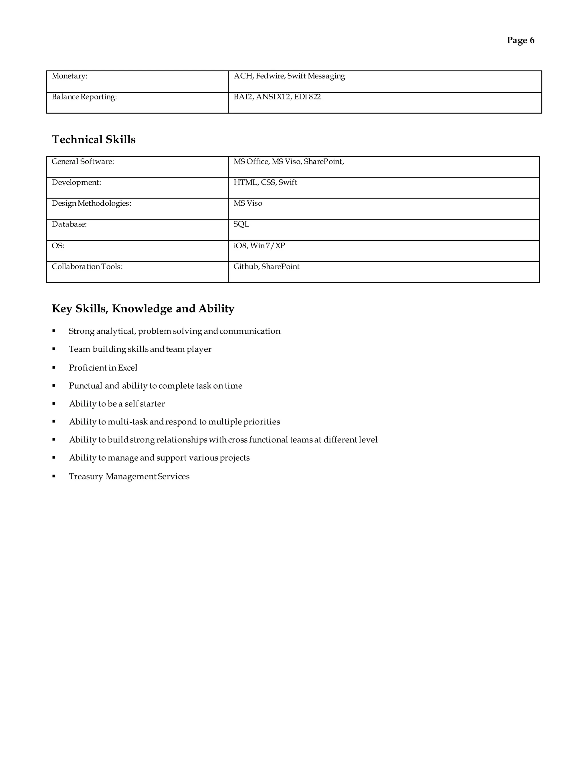 Page 6 
Monetary: ACH, Fedwire, Swift Messaging 
Balance Reporting: BAI2, ANSI X12, EDI 822 
Technical Skills 
General Software: MS Office, MS Viso, SharePoint, 
Development: HTML, CSS, Swift 
Design Methodologies: MS Viso 
Database: SQL 
OS: iO8, Win 7/XP 
Collaboration Tools: Github, SharePoint 
Key Skills, Knowledge and Ability 
 Strong analytical, problem solving and communication 
 Team building skills and team player 
 Proficient in Excel 
 Punctual and ability to complete task on time 
 Ability to be a self starter 
 Ability to multi-task and respond to multiple priorities 
 Ability to build strong relationships with cross functional teams at different level 
 Ability to manage and support various projects 
 Treasury Management Services 
