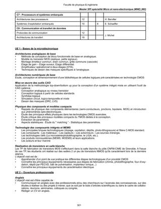 301
Faculté de physique & ingénierie
Master SPI spécialité Micro et nano-électronique (MNE) (M2)
C7 : Processeurs et systèmes embarqués
Architectures des processeurs 12 H. Berviller
Systèmes d’exploitation embarqués 10 8 E. Schaeffer
C8 : Communication et transfert de données
Protocoles de communication 12
J. Michel
Architectures de transfert 18
UE 1 - Bases de la microélectronique
Architectures analogiques de base
• Méthode de conception de blocs fonctionnels de base en analogique.
• Modèle du transistor MOS (statique, petits signaux).
• Montage émetteur commun, drain commun, grille commune (cascode)
• Etage de gain – Etage suiveur, Etage différentiel.
• Amplificateur opérationnel à deux étages (OTA).
• Techniques de dessin des masques spécifiques à l’analogique.
Architectures numériques de base
Etude, conception et dimensionnement d'une bibliothèque de cellules logiques pré-caractérisées en technologie CMOS
Mise en œuvre des outils CAO
Application de la méthodologie top-down/bottom up pour la conception d'un système intégré mixte en utilisant l'outil de
CAO cadence :
• Conception analogique au niveau transistor
• Conception logique à partir de cellules standards
• Synthèse logique
• Simulation circuit, logico-temporelle et mixte
• Dessin des masques (DRC, LVS)
Physique des composants et modèles compacts
• Rappels de physique des composants élémentaires (semi-conducteurs, jonctions, bipolaire, MOS) et introduction
aux phénomènes opto-électroniques.
• Étude des principaux effets physiques dans les technologies CMOS avancées.
• Étude critique des principaux modèles compacts du TMOS dédiés à la conception.
• Extraction de paramètres.
• Aspects statistiques : Étude du " matching ” - Statistique des paramètres.
Technologie des composants intégrés et MEMS
• Les principales briques technologiques (dopage, oxydation, dépôts, photo-lithogravure) et filière C-MOS standard.
• Les composants : Les matériaux – Les capteurs – Les actionneurs - Les sources d’énergie.
• Les technologies clefs (La microstéréophotolithographie, le LIGA, etc.).
• Les produits microsystèmes (MEMS, MOEMS) et leurs applications.
• Les acteurs et leur marché
Réalisation de transistors en salle blanche
Les TP de fabrication de transistors MOS s'effectuent dans la salle blanche du pôle CNFM-CIME de Grenoble. A l'issue
de ces TP, les étudiants ont réalisé sur des wafers 2 un jeu de transistors NMOS qu'ils caractérisent lors de la dernière
séance.
L'objectif visé est de :
• Appréhender d'un point de vue pratique les différentes étapes technologiques d'un procédé CMOS
• Connaître les principaux équipements nécessaires aux étapes de fabrication (chimie, photolithographie, four d'oxy-
dation, dépôt par PECVD, bâti de pulvérisation, implanteur ionique...)
• Connaître les principaux équipements de caractérisation électrique
UE 2 – Ouverture professionnelle
Anglais
L'objectif visé est d'être capable de :
• Communiquer en anglais avec des professionnels et/ou des chercheurs sur l’avancée des connaissances, sur des
études à réaliser ou des projets à mener, que ce soit par le biais d’articles scientifiques ou dans le cadre de collabo-
rations, réunions, séminaires, colloques ou congrès.
• Rédiger un CV en anglais.
 