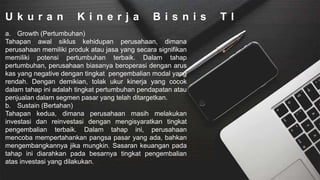 U k u r a n K i n e r j a B i s n i s T I
a. Growth (Pertumbuhan)
Tahapan awal siklus kehidupan perusahaan, dimana
perusahaan memiliki produk atau jasa yang secara signifikan
memiliki potensi pertumbuhan terbaik. Dalam tahap
pertumbuhan, perusahaan biasanya beroperasi dengan arus
kas yang negative dengan tingkat pengembalian modal yang
rendah. Dengan demikian, tolak ukur kinerja yang cocok
dalam tahap ini adalah tingkat pertumbuhan pendapatan atau
penjualan dalam segmen pasar yang telah ditargetkan.
b. Sustain (Bertahan)
Tahapan kedua, dimana perusahaan masih melakukan
investasi dan reinvestasi dengan mengisyaratkan tingkat
pengembalian terbaik. Dalam tahap ini, perusahaan
mencoba mempertahankan pangsa pasar yang ada, bahkan
mengembangkannya jika mungkin. Sasaran keuangan pada
tahap ini diarahkan pada besarnya tingkat pengembalian
atas investasi yang dilakukan.
 