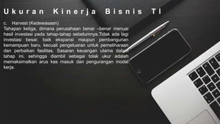 U k u r a n K i n e r j a B i s n i s T I
c. Harvest (Kedewasaan)
Tahapan ketiga, dimana perusahaan benar –benar menuai
hasil investasi pada tahap-tahap sebelumnya.Tidak ada lagi
investasi besar, baik ekspansi maupun pembangunan
kemampuan baru, kecuali pengeluaran untuk pemeliharaan
dan perbaikan fasilitas. Sasaran keuangan utama dalam
tahap ini, sehingga diambil sebagai tolak ukur adalah
memaksimalkan arus kas masuk dan pengurangan modal
kerja.
 
