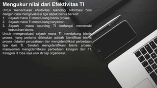 Mengukur nilai dari Efektivitas TI
Untuk menentukan efektivitas Teknologi Informasi bisa
dengan cara mengevaluasi tiga aspek bisnis berikut:
1. Sejauh mana TI mendukung bisnis proses;
2. Sejauh mana TI mendukung karyawan
3. Sejauh mana sourcing TI berfungsi memenuhi
kebutuhan bisnis.
Untuk mengevaluasi sejauh mana TI mendukung bisnis
proses, yang pertama dilakukan adalah identifikasi bisnis
proses didalam perusahaan dan mengidentifikasi perbedaan
tipe dari TI. Setelah mengidentifikasi bisnis proses,
manajemen mengidentifikasi perbedaan kategori dari TI.
Kategori IT bisa saja unik di tiap organisasi.
 