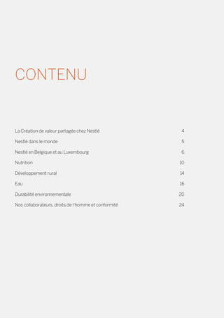 CONTENU
La Création de valeur partagée chez Nestlé	 4
Nestlé dans le monde	 5
Nestlé en Belgique et au Luxembourg	 6
Nutrition	10
Développement rural	 14
Eau	16
Durabilité environnementale	 20
Nos collaborateurs, droits de l’homme et conformité 	 24
 