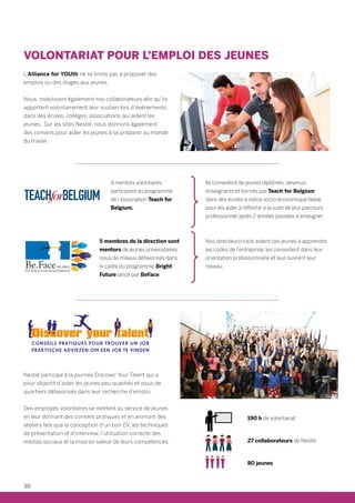 VOLONTARIAT POUR L’EMPLOI DES JEUNES
L’Alliance for YOUth ne se limite pas à proposer des
emplois ou des stages aux jeunes.
Nous mobilisons également nos collaborateurs afin qu’ils
apportent volontairement leur soutien lors d’événements
dans des écoles, collèges, associations qui aident les
jeunes. Sur les sites Nestlé, nous donnons également
des conseils pour aider les jeunes à se préparer au monde
du travail.
Nestlé participe à la journée Discover Your Talent qui a
pour objectif d’aider les jeunes peu qualifiés et issus de
quartiers défavorisés dans leur recherche d’emploi.
Des employés volontaires se mettent au service de jeunes
en leur donnant des conseils pratiques et en animant des
ateliers tels que la conception d’un bon CV, les techniques
de présentation et d’interview, l’utilisation correcte des
médias sociaux et la mise en valeur de leurs compétences.
4 mentors volontaires
participent au programme
de l’association Teach for
Belgium.
5 membres de la direction sont
mentors de jeunes universitaires
issus de milieux défavorisés dans
le cadre du programme Bright
Future lancé par BeFace.
Ils conseillent de jeunes diplômés, devenus
enseignants et formés par Teach for Belgium
dans des écoles à indice socio-économique faible,
pour les aider à réfléchir à la suite de leur parcours
professionnel après 2 années passées à enseigner.
Nos directeur(rice)s aident ces jeunes à apprendre
les codes de l’entreprise, les conseillent dans leur
orientation professionnelle et leur ouvrent leur
réseau.
190 h de volontariat
27 collaborateurs de Nestlé
80 jeunes
CONSEILS PRATIQUES POUR TROUVER UN JOB
PRAKTISCHE ADVIEZEN OM EEN JOB TE VINDEN
30
 