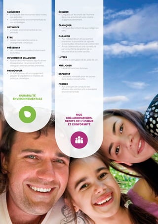 NOS
COLLABORATEURS,
DROITS DE L’HOMME
ET CONFORMITÉ
DURABILITÉ
ENVIRONNEMENTALE
AMÉLIORER
•	 L’efficacité des ressources dans toutes
nos activités.
•	 La performance environnementale de
nos emballages.
OPTIMISER
•	 L’impact environnemental de nos
produits.
ÊTRE
•	 Leader dans la lutte contre le
changement climatique.
PRÉSERVER
•	 Les richesses naturelles (notamment
les forêts).
INFORMER ET DIALOGUER
•	 Fournir des informations significatives
et exactes sur l’environnement et
dialoguer avec les parties prenantes.
PROMOUVOIR
•	 La transparence et un engagement
proactif à long terme en matière de
politique climatique.
ÉVALUER
•	 L’impact sur les droits de l’homme
dans nos activités et notre chaîne
d’approvisionnement.
ÉRADIQUER
•	 Le travail des enfants lié aux catégories
clés.
GARANTIR
•	 Aux collaborateurs et aux parties
prenantes la possibilité de signaler
d’éventuelles infractions de conformité.
•	 À nos collaborateurs une couverture
par un système de gestion de la
sécurité et de la santé certifié.
LUTTER
•	 Contre la corruption et les pots-de-vin.
AMÉLIORER
•	 La parité hommes-femmes.
DÉPLOYER
•	 L’initiative mondiale pour les jeunes
dans toutes nos activités.
FORMER
•	 Aux principes de conduite des
affaires, à la nutrition et à la durabilité
environnementale.
7
 