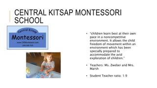 CENTRAL KITSAP MONTESSORI
SCHOOL
• “children learn best at their own
pace in a noncompetitive
environment. It allows the child
freedom of movement within an
environment which has been
specially prepared to
accommodate the avid
exploration of children.”
• Teachers: Ms. Zweber and Mrs.
Marsh
• Student Teacher ratio: 1:9
 