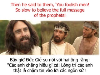 Bấy giờ Đức Giê-su nói với hai ông rằng:
"Các anh chẳng hiểu gì cả! Lòng trí các anh
thật là chậm tin vào lời các ngôn sứ !
Then he said to them, ‘You foolish men!
So slow to believe the full message
of the prophets!
 