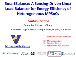 SmartBalance:	
  A	
  Sensing-­‐Driven	
  Linux	
  
Load	
  Balancer	
  for	
  Energy	
  Eﬃciency	
  of	
  
Heterogeneous	
  MPSoCs	
  
Santanu	
  Sarma	
  	
  
Computer	
  Science,	
  UC	
  Irvine	
  
	
  
	
  
	
  
	
  
h3p://variability.org	
  	
  
Coauthors: Tiago R. Muck, Danny Bathen, N. Dutt, A. Nicolau
T1: Measurement and Modeling
T2: Design Tools and Testing
T3: Microarchitecture and Compilers
T4: Runtime Support
T5: Applications and Testbeds
T6: Outreach and Education
 
