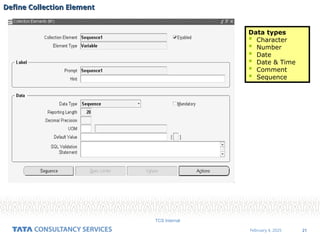 21
February 4, 2025
TCS Internal
Define Collection Element
Define Collection Element
Data types
 Character
 Number
 Date
 Date & Time
 Comment
 Sequence
 