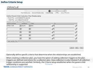 53
February 4, 2025
TCS Internal
Define Criteria Setup
Define Criteria Setup
Optionally define specific criteria that determine when the relationships are established.
When creating a collection plan, you have the option of adding collection triggers to the plan.
triggers are defined restrictions for a collection plan. Data collection is only initiated if all collection
trigger conditions are satisfied. Similarly, the Criteria setup establishes when the parent-child
relationship is supported
 