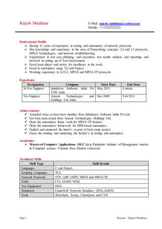 Page 1 Resume – Rajesh Muddana
Rajesh Muddana E-Mail: rajesh_muddana@yahoo.com
Mobile: +1-3182322323
Professional Profile
 Having 6+ years of experience in testing and automation of network protocols.
 Has knowledge and experience in the area of Networking concepts, L2 and L3 protocols,
MPLS Technologies, and network troubleshooting.
 Experienced in test case planning, and execution, test results analysis and reporting, and
involved in setting up of Test Environment.
 Good team player and strives for excellence in the work.
 Good in automation using Tcl and Expect.
 Working experience in L2/L3, MPLS and MPLS-TP protocols
Experience
Designation Company Start Date End Date
Sr.S/w Engineer Ipinfusion Software India Pvt
LTD, India
May 2011 Current
S/w Engineer Aricent Technologies and
Holdings Ltd, India
Dec 2009 Feb 2011
Achievements:
 Awarded twice as best team member from IpInfusion Software India Pvt Ltd.
 Got best team award from Aricent Technologies Holdings Ltd.
 Done the automation frame work for MPLS-TP features
 Done the automation framework for MIB based automation
 Guided and mentored the intern’s as part of boot camp project
 Given the training and mentoring the fresher’s in testing and automation
Academics
 Masterof Computer Applications (M.C.A) in Panimalar Institute of Management studies
& Computer science, Chennai from Madras University
Technical Skills
Skill Type Skill Details
Languages C and Expect
Scripting Languages TCL
Network Protocols STP, LDP, OSPF, MPLS and MPLS-TP
NMS CLI, SNMP, WEB
Test Equipment IXIA
Simulators FutureSoft Network Simulator (ISS), ZebOS
Tools Wireshark, Scotty, ClearQuest and CVS
 