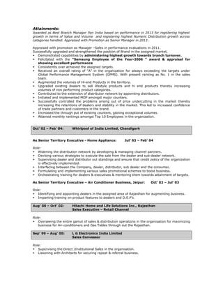 Attainments:
Awarded as Best Branch Manager Pan India based on performance in 2013 for registering highest
growth in terms of Value and Volume and registering highest Numeric Distribution growth across
catagories handled. Appraised with Promotion as Senior Manager in 2013 .
Appraised with promotion as Manager –Sales in performance evaluations in 2011.
Successfully upgraded and strengthened the position of Brand in the assigned market.
 Demonstrated capabilities by administering highest growth towards branch turnover.
 Felicitated with the “Samsung Employee of the Year-2006 ” award & appraisal for
showing excellent performance
 Consistently over achieved the assigned targets.
 Received an overall rating of “A” in the organization for always exceeding the targets under
Global Performance Management System (GPMS). With present ranking as No. 1 in the sales
team.
 Augmented the volumes of Hi-end Products in the territory.
 Upgraded existing dealers to sell lifestyle products and hi end products thereby increasing
volumes of non performing product categories.
 Contributed to the extension of distributor network by appointing distributors.
 Initiated and implemented MOP amongst major counters.
 Successfully controlled the problems arising out of price undercutting in the market thereby
increasing the retentions of dealers and stability in the market. This led to increased confidence
of trade partners and customers in the brand.
 Increased the through put of existing counters, gaining exceptional volumes.
 Attained monthly rankings amongst Top 10 Employees in the organization.
Oct’ 02 – Feb’ 04: Whirlpool of India Limited, Chandigarh
As Senior Territory Executive - Home Appliance: Jul’ 03 – Feb’ 04
Role:
 Widening the distribution network by developing & managing channel partners.
 Devising various strategies to execute the sale from the dealer and sub-dealer network.
 Supervising dealer and distributor out standings and ensure that credit policy of the organization
is effectively implemented.
 Interfacing between the Company, dealer, distributor, sub dealer and the consumer.
 Formulating and implementing various sales promotional schemes to boost business.
 Orchestrating training for dealers & executives & mentoring them towards attainment of targets.
As Senior Territory Executive – Air Conditioner Business, Jaipur: Oct’ 02 – Jul’ 03
Role:
 Identifying and appointing dealers in the assigned area of Rajasthan for augmenting business.
 Imparting training on product features to dealers and D.S.P’s.
Aug’ 00 – Oct’ 02: Hitachi Home and Life Solutions Inc., Rajasthan
Sales Executive – Retail Channel
Role:
 Overseeing the entire gamut of sales & distribution operations in the organisation for maximizing
business for Air-conditioners and Gas Tables through out the Rajasthan.
Sep’ 99 – Aug’ 00: L G Electronics India Limited
Sales Convessor
Role:
 Supervising the Direct /Institutional Sales in the organisation.
 Liasoning with Architects for securing repeat & referral business.
 