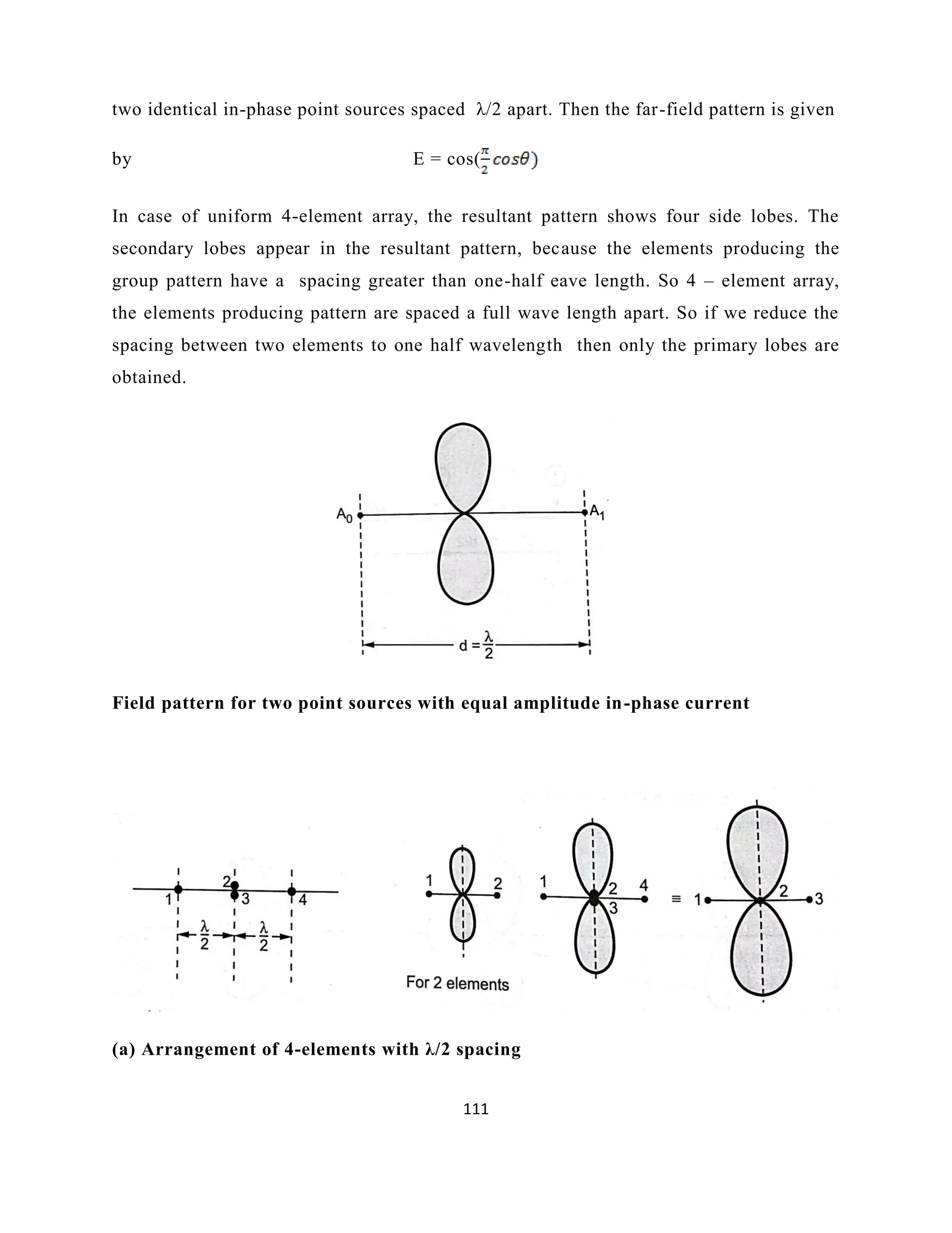 111
two identical in-phase point sources spaced λ/2 apart. Then the far-field pattern is given
by E = cos(
In case of uniform 4-element array, the resultant pattern shows four side lobes. The
secondary lobes appear in the resultant pattern, because the elements producing the
group pattern have a spacing greater than one-half eave length. So 4 – element array,
the elements producing pattern are spaced a full wave length apart. So if we reduce the
spacing between two elements to one half wavelength then only the primary lobes are
obtained.
Field pattern for two point sources with equal amplitude in-phase current
(a) Arrangement of 4-elements with λ/2 spacing
 