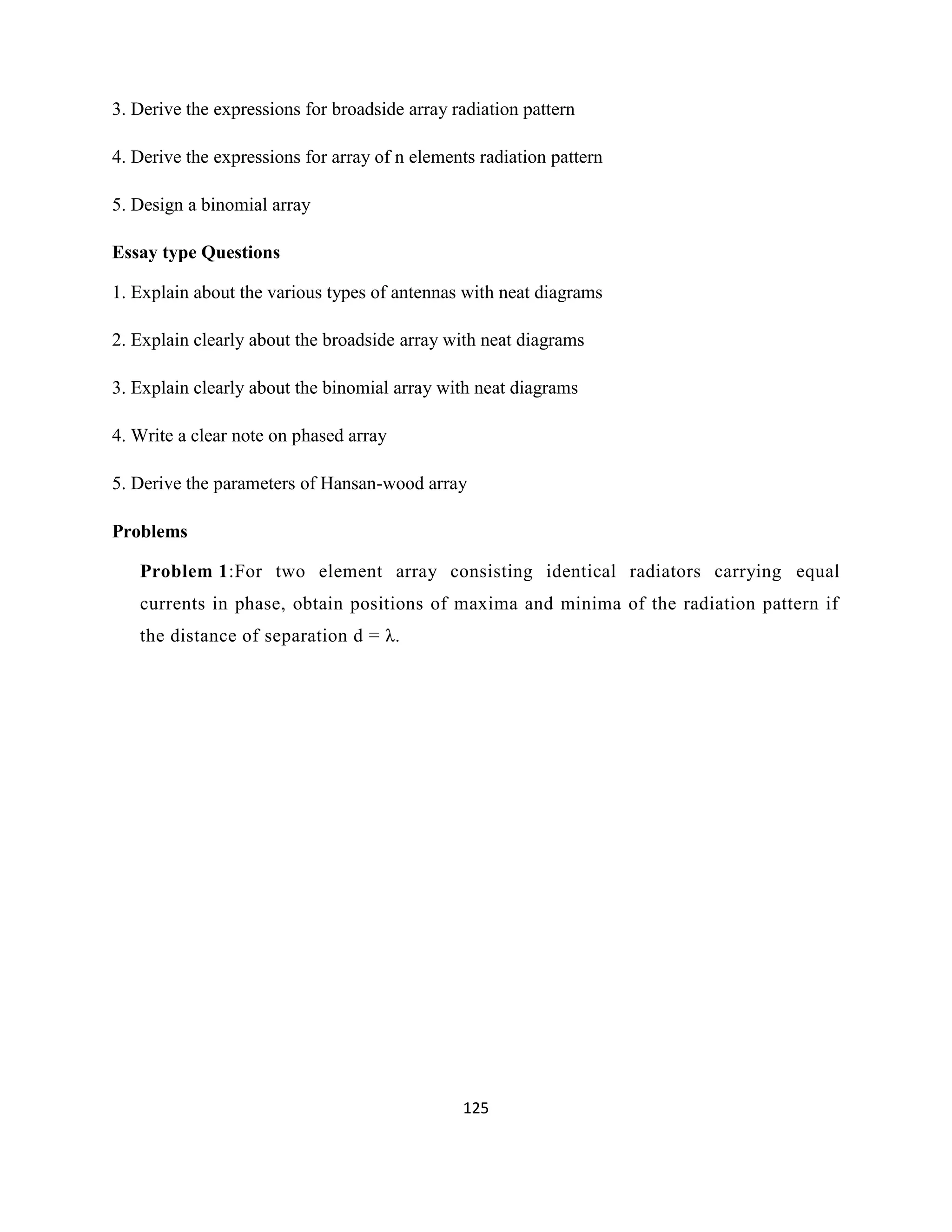 125
3. Derive the expressions for broadside array radiation pattern
4. Derive the expressions for array of n elements radiation pattern
5. Design a binomial array
Essay type Questions
1. Explain about the various types of antennas with neat diagrams
2. Explain clearly about the broadside array with neat diagrams
3. Explain clearly about the binomial array with neat diagrams
4. Write a clear note on phased array
5. Derive the parameters of Hansan-wood array
Problems
Problem 1:For two element array consisting identical radiators carrying equal
currents in phase, obtain positions of maxima and minima of the radiation pattern if
the distance of separation d = λ.
 