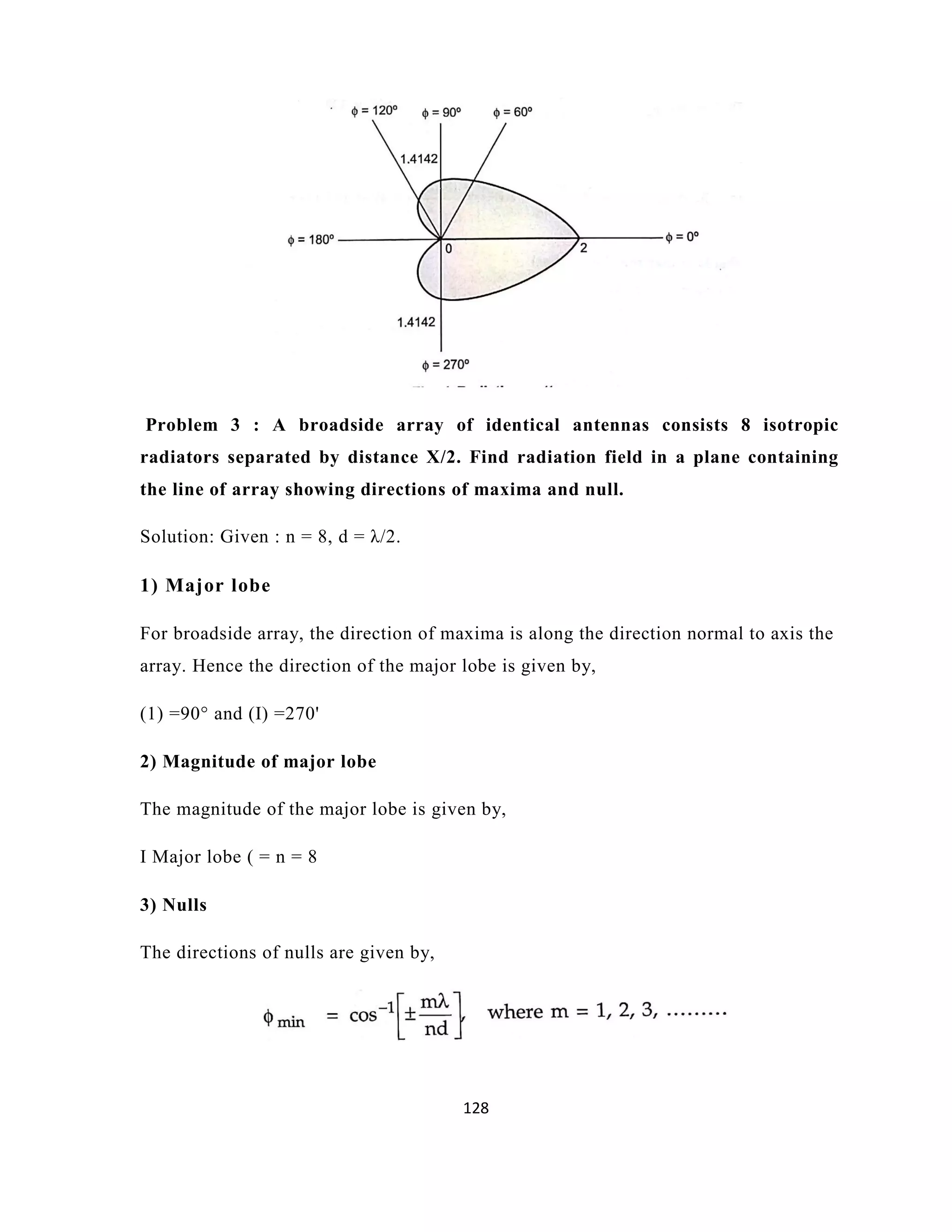 128
Problem 3 : A broadside array of identical antennas consists 8 isotropic
radiators separated by distance X/2. Find radiation field in a plane containing
the line of array showing directions of maxima and null.
Solution: Given : n = 8, d = λ/2.
1) Major lobe
For broadside array, the direction of maxima is along the direction normal to axis the
array. Hence the direction of the major lobe is given by,
(1) =90° and (I) =270'
2) Magnitude of major lobe
The magnitude of the major lobe is given by,
I Major lobe ( = n = 8
3) Nulls
The directions of nulls are given by,
 