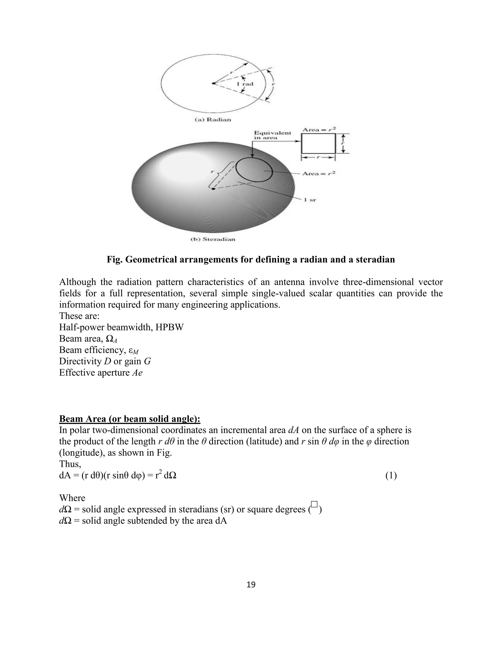 19
Fig. Geometrical arrangements for defining a radian and a steradian
Although the radiation pattern characteristics of an antenna involve three-dimensional vector
fields for a full representation, several simple single-valued scalar quantities can provide the
information required for many engineering applications.
These are:
Half-power beamwidth, HPBW
Beam area, ΩA
Beam efficiency, εM
Directivity D or gain G
Effective aperture Ae
Beam Area (or beam solid angle):
In polar two-dimensional coordinates an incremental area dA on the surface of a sphere is
the product of the length r dθ in the θ direction (latitude) and r sin θ dφ in the φ direction
(longitude), as shown in Fig.
Thus,
dA = (r dθ)(r sinθ dφ) = r2
dΩ (1)
Where
dΩ = solid angle expressed in steradians (sr) or square degrees ( )
dΩ = solid angle subtended by the area dA
 