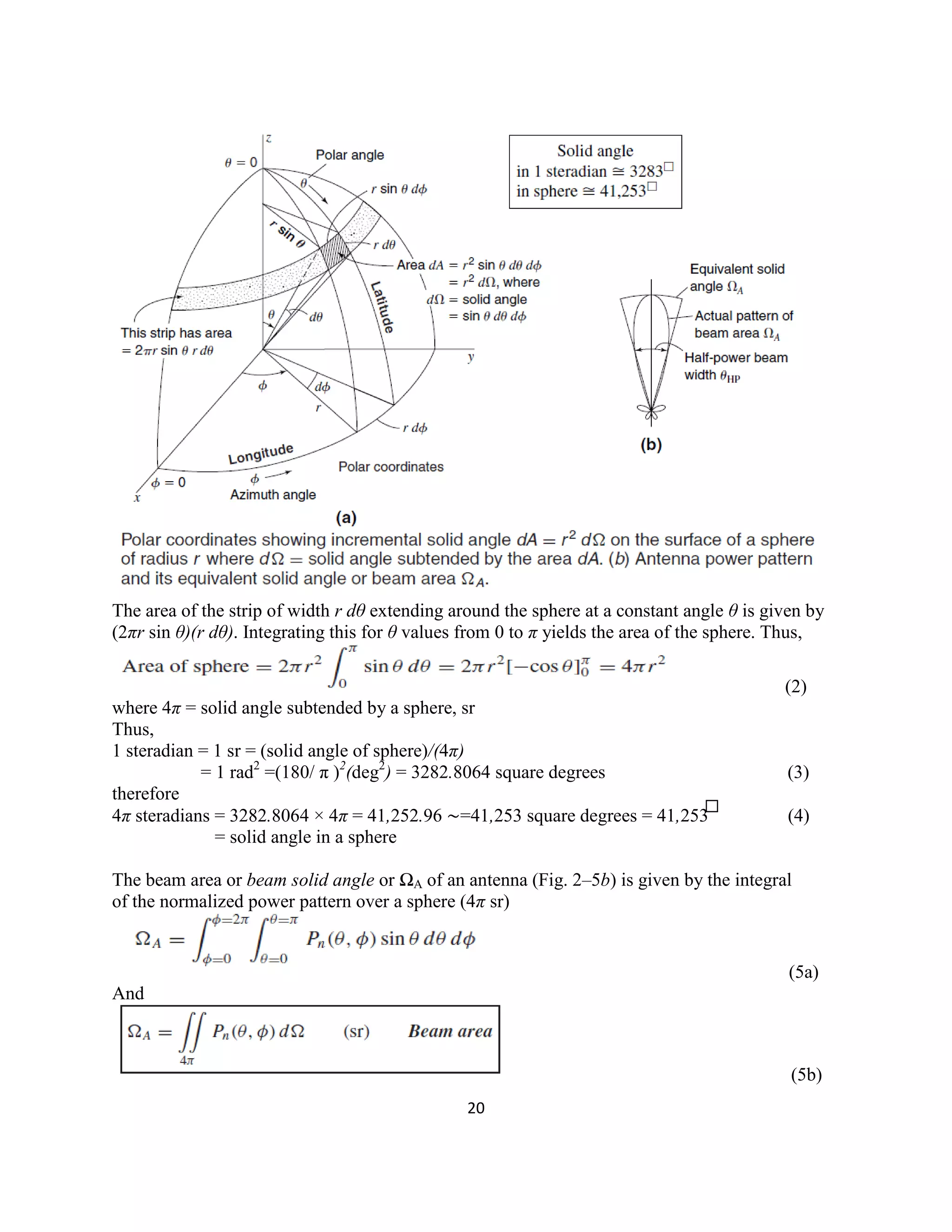 20
The area of the strip of width r dθ extending around the sphere at a constant angle θ is given by
(2πr sin θ)(r dθ). Integrating this for θ values from 0 to π yields the area of the sphere. Thus,
(2)
where 4π = solid angle subtended by a sphere, sr
Thus,
1 steradian = 1 sr = (solid angle of sphere)/(4π)
= 1 rad2
=(180/ π )2
(deg2
) = 3282.8064 square degrees (3)
therefore
4π steradians = 3282.8064 × 4π = 41,252.96 ∼=41,253 square degrees = 41,253 (4)
= solid angle in a sphere
The beam area or beam solid angle or ΩA of an antenna (Fig. 2–5b) is given by the integral
of the normalized power pattern over a sphere (4π sr)
(5a)
And
(5b)
 