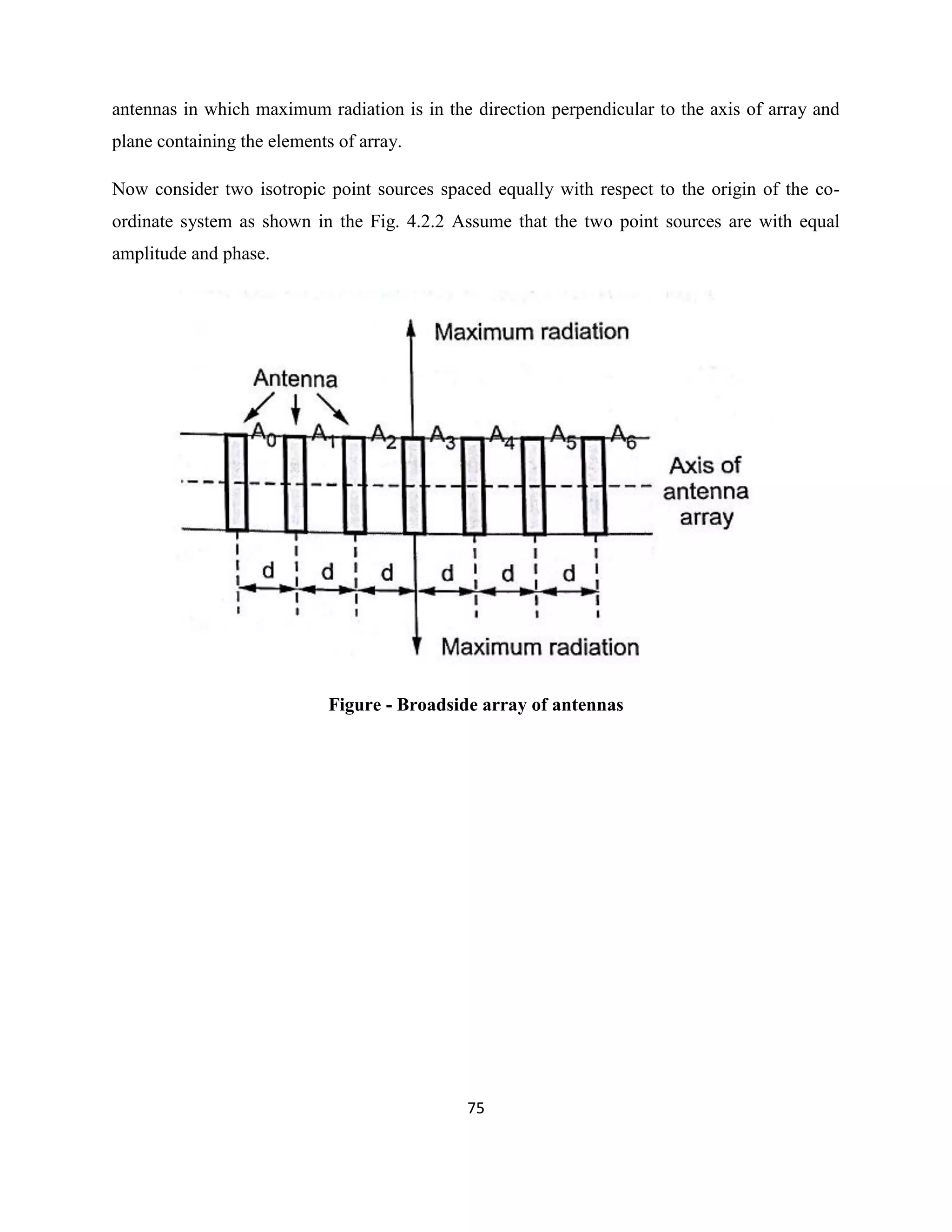 75
antennas in which maximum radiation is in the direction perpendicular to the axis of array and
plane containing the elements of array.
Now consider two isotropic point sources spaced equally with respect to the origin of the co-
ordinate system as shown in the Fig. 4.2.2 Assume that the two point sources are with equal
amplitude and phase.
Figure - Broadside array of antennas
 
