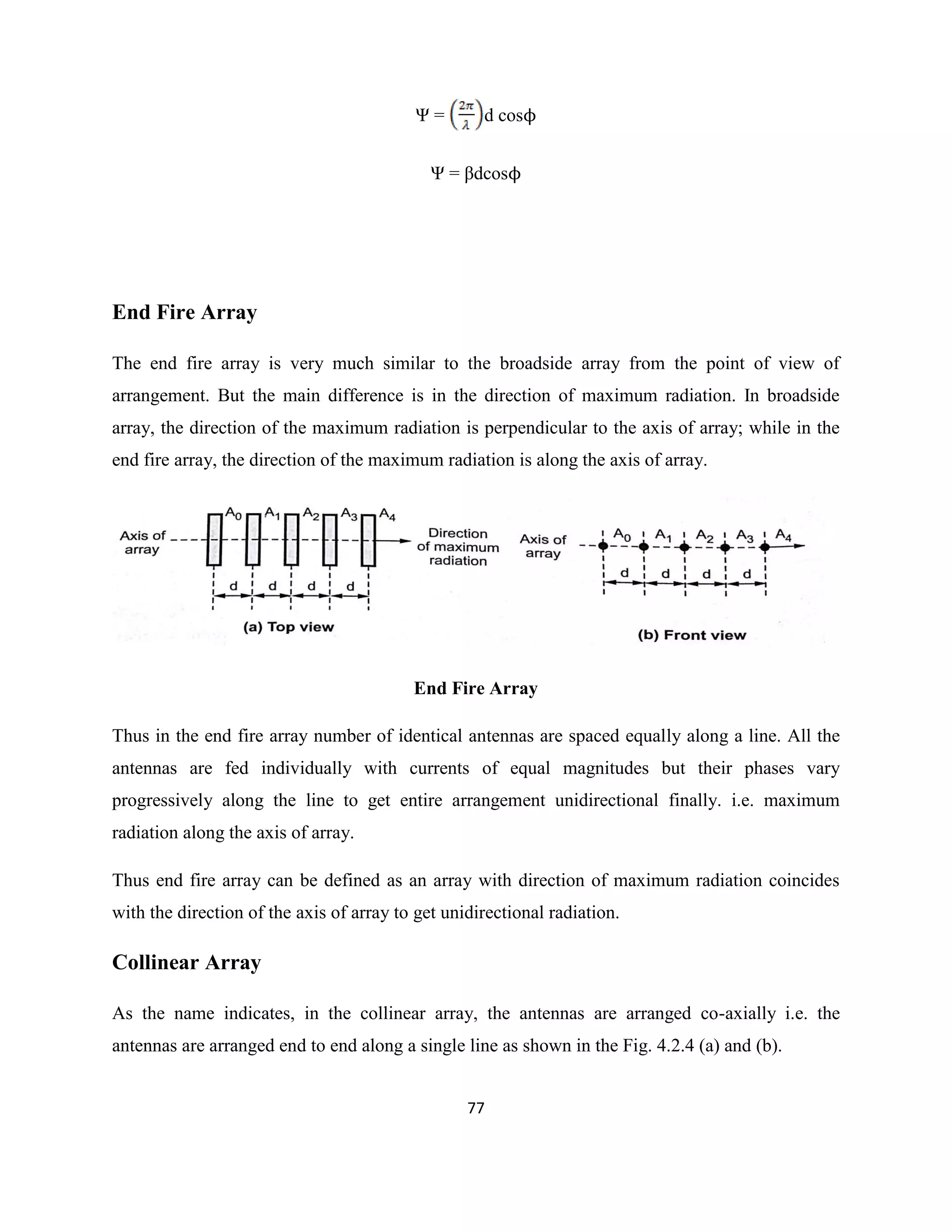 77
Ψ = d cosϕ
Ψ = βdcosϕ
End Fire Array
The end fire array is very much similar to the broadside array from the point of view of
arrangement. But the main difference is in the direction of maximum radiation. In broadside
array, the direction of the maximum radiation is perpendicular to the axis of array; while in the
end fire array, the direction of the maximum radiation is along the axis of array.
End Fire Array
Thus in the end fire array number of identical antennas are spaced equally along a line. All the
antennas are fed individually with currents of equal magnitudes but their phases vary
progressively along the line to get entire arrangement unidirectional finally. i.e. maximum
radiation along the axis of array.
Thus end fire array can be defined as an array with direction of maximum radiation coincides
with the direction of the axis of array to get unidirectional radiation.
Collinear Array
As the name indicates, in the collinear array, the antennas are arranged co-axially i.e. the
antennas are arranged end to end along a single line as shown in the Fig. 4.2.4 (a) and (b).
 