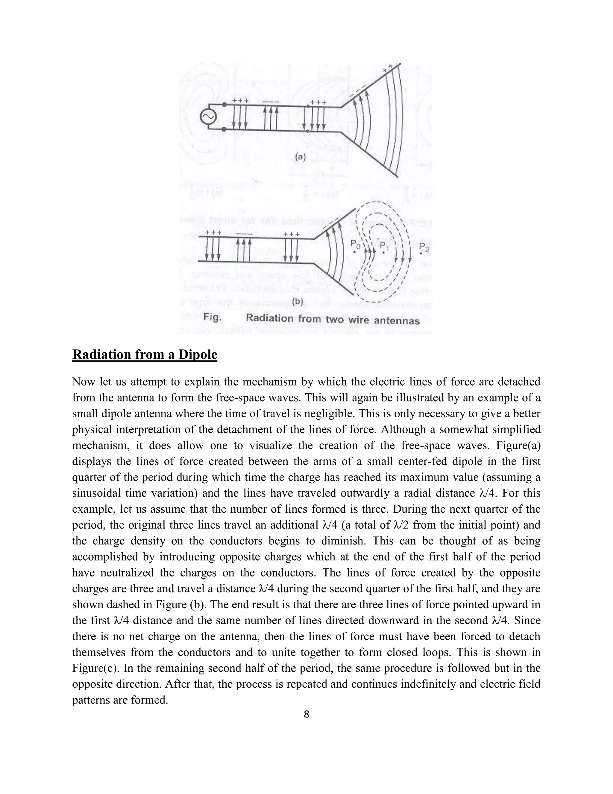8
Radiation from a Dipole
Now let us attempt to explain the mechanism by which the electric lines of force are detached
from the antenna to form the free-space waves. This will again be illustrated by an example of a
small dipole antenna where the time of travel is negligible. This is only necessary to give a better
physical interpretation of the detachment of the lines of force. Although a somewhat simplified
mechanism, it does allow one to visualize the creation of the free-space waves. Figure(a)
displays the lines of force created between the arms of a small center-fed dipole in the first
quarter of the period during which time the charge has reached its maximum value (assuming a
sinusoidal time variation) and the lines have traveled outwardly a radial distance λ/4. For this
example, let us assume that the number of lines formed is three. During the next quarter of the
period, the original three lines travel an additional λ/4 (a total of λ/2 from the initial point) and
the charge density on the conductors begins to diminish. This can be thought of as being
accomplished by introducing opposite charges which at the end of the first half of the period
have neutralized the charges on the conductors. The lines of force created by the opposite
charges are three and travel a distance λ/4 during the second quarter of the first half, and they are
shown dashed in Figure (b). The end result is that there are three lines of force pointed upward in
the first λ/4 distance and the same number of lines directed downward in the second λ/4. Since
there is no net charge on the antenna, then the lines of force must have been forced to detach
themselves from the conductors and to unite together to form closed loops. This is shown in
Figure(c). In the remaining second half of the period, the same procedure is followed but in the
opposite direction. After that, the process is repeated and continues indefinitely and electric field
patterns are formed.
 