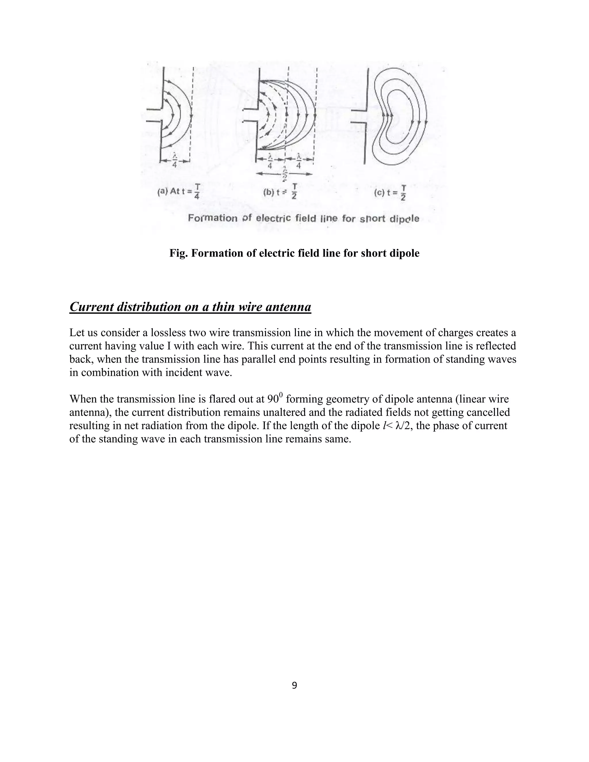 9
Fig. Formation of electric field line for short dipole
Current distribution on a thin wire antenna
Let us consider a lossless two wire transmission line in which the movement of charges creates a
current having value I with each wire. This current at the end of the transmission line is reflected
back, when the transmission line has parallel end points resulting in formation of standing waves
in combination with incident wave.
When the transmission line is flared out at 900
forming geometry of dipole antenna (linear wire
antenna), the current distribution remains unaltered and the radiated fields not getting cancelled
resulting in net radiation from the dipole. If the length of the dipole l< λ/2, the phase of current
of the standing wave in each transmission line remains same.
 