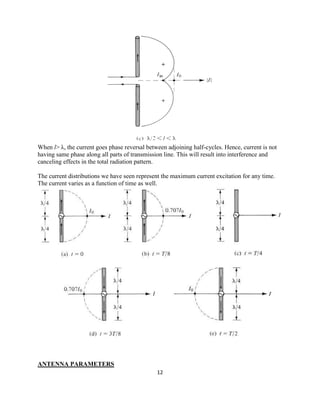 12
When l> λ, the current goes phase reversal between adjoining half-cycles. Hence, current is not
having same phase along all parts of transmission line. This will result into interference and
canceling effects in the total radiation pattern.
The current distributions we have seen represent the maximum current excitation for any time.
The current varies as a function of time as well.
ANTENNA PARAMETERS
 