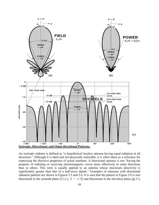 16
Isotropic, Directional, and Omni directional Patterns:
An isotropic radiator is defined as ―a hypothetical lossless antenna having equal radiation in all
directions.‖ Although it is ideal and not physically realizable, it is often taken as a reference for
expressing the directive properties of actual antennas. A directional antenna is one ―having the
property of radiating or receiving electromagnetic waves more effectively in some directions
than in others. This term is usually applied to an antenna whose maximum directivity is
significantly greater than that of a half-wave dipole.‖ Examples of antennas with directional
radiation patterns are shown in Figures 2.5 and 2.6. It is seen that the pattern in Figure 2.6 is non
directional in the azimuth plane [f (φ), θ = π/2] and directional in the elevation plane [g(θ),
 