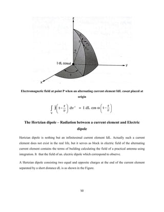 50
Electromagnetic field at point P when an alternating current element IdL cost placed at
origin
The Hertzian dipole – Radiation between a current element and Electric
dipole
Hertzian dipole is nothing but an infinitesimal current element IdL. Actually such a current
element does not exist in the real life, but it serves as block in electric field of the alternating
current element contains the terms of building calculating the field of a practical antenna using
integration. It that the field of an. electric dipole which correspond to observe.
A Hertzian dipole consisting two equal and opposite charges at the end of the current element
separated by a short distance dL is as shown in the Figure.
 