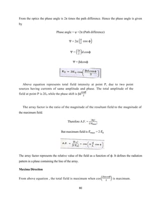 80
From the optics the phase angle is 2π times the path difference. Hence the phase angle is given
by
Phase angle = ψ =2π (Path difference)
Ψ = 2π
Ψ = d cosϕ
Ψ = βdcosϕ
Above equation represents total field intensity at point P, due to two point
sources having currents of same amplitude and phase. The total amplitude of the
field at point P is 2E0 while the phase shift is βd
The array factor is the ratio of the magnitude of the resultant field to the magnitude of
the maximum field.
Therefore A.F. =
But maximum field is = 2
The array factor represents the relative value of the field as a function of ϕ. It defines the radiation
pattern in a plane containing the line of the array.
Maxima Direction
From above equation , the total field is maximum when cos is maximum.
 