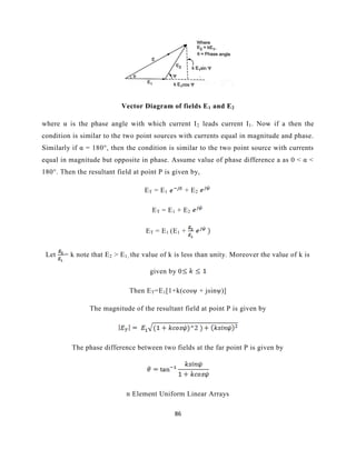86
Vector Diagram of fields E1 and E2
where α is the phase angle with which current I2 leads current I1. Now if a then the
condition is similar to the two point sources with currents equal in magnitude and phase.
Similarly if α = 180°, then the condition is similar to the two point source with currents
equal in magnitude but opposite in phase. Assume value of phase difference a as 0 < α <
180°. Then the resultant field at point P is given by,
ET = E1 + E2
ET = E1 + E2
ET = E1 (E1 +
Let = k note that E2 > E1, the value of k is less than unity. Moreover the value of k is
given by 0
Then ET=E1[1+k(cosψ + jsinψ)]
The magnitude of the resultant field at point P is given by
The phase difference between two fields at the far point P is given by
n Element Uniform Linear Arrays
 