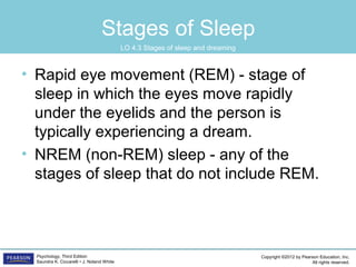 Copyright ©2012 by Pearson Education, Inc.
All rights reserved.
Psychology, Third Edition
Saundra K. Ciccarelli • J. Noland White
Stages of Sleep
• Rapid eye movement (REM) - stage of
sleep in which the eyes move rapidly
under the eyelids and the person is
typically experiencing a dream.
• NREM (non-REM) sleep - any of the
stages of sleep that do not include REM.
LO 4.3	 Stages of sleep and dreaming
 