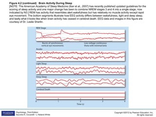 Copyright ©2012 by Pearson Education, Inc.
All rights reserved.
Psychology, Third Edition
Saundra K. Ciccarelli • J. Noland White
Figure 4.2 (continued) Brain Activity During Sleep
[NOTE: The American Academy of Sleep Medicine (Iber et al., 2007) has recently published updated guidelines for the
scoring of sleep activity and one major change has been to combine NREM stages 3 and 4 into a single stage, now
indicated by N3.] REM has activity that resembles alert wakefulness but has relatively no muscle activity except rapid
eye movement. The bottom segments illustrate how EEG activity differs between wakefulness, light and deep sleep,
and lastly what it looks like when brain activity has ceased in cerebral death. EEG data and images in this figure are
courtesy of Dr. Leslie Sherlin.
 