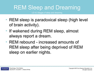 Copyright ©2012 by Pearson Education, Inc.
All rights reserved.
Psychology, Third Edition
Saundra K. Ciccarelli • J. Noland White
REM Sleep and Dreaming
• REM sleep is paradoxical sleep (high level
of brain activity).
• If wakened during REM sleep, almost
always report a dream.
• REM rebound - increased amounts of
REM sleep after being deprived of REM
sleep on earlier nights.
LO 4.3 Stages of sleep and dreaming
 