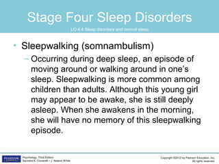 Copyright ©2012 by Pearson Education, Inc.
All rights reserved.
Psychology, Third Edition
Saundra K. Ciccarelli • J. Noland White
Stage Four Sleep Disorders
• Sleepwalking (somnambulism)
– Occurring during deep sleep, an episode of
moving around or walking around in one’s
sleep. Sleepwalking is more common among
children than adults. Although this young girl
may appear to be awake, she is still deeply
asleep. When she awakens in the morning,
she will have no memory of this sleepwalking
episode.
LO 4.4 Sleep disorders and normal sleep
 