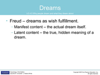 Copyright ©2012 by Pearson Education, Inc.
All rights reserved.
Psychology, Third Edition
Saundra K. Ciccarelli • J. Noland White
Dreams
• Freud – dreams as wish fulfillment.
– Manifest content – the actual dream itself.
– Latent content – the true, hidden meaning of a
dream.
LO 4.5 Why people dream and what they dream about
 