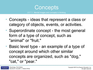 Copyright ©2012 by Pearson Education, Inc.
All rights reserved.
Psychology, Third Edition
Saundra K. Ciccarelli • J. Noland White
Concepts
• Concepts - ideas that represent a class or
category of objects, events, or activities.
• Superordinate concept - the most general
form of a type of concept, such as
"animal" or "fruit."
• Basic level type - an example of a type of
concept around which other similar
concepts are organized, such as "dog,"
"cat," or "pear."
LO 7.1 Mental images and concepts in thinking
 