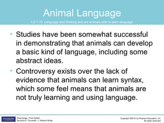 Copyright ©2012 by Pearson Education, Inc.
All rights reserved.
Psychology, Third Edition
Saundra K. Ciccarelli • J. Noland White
Animal Language
• Studies have been somewhat successful
in demonstrating that animals can develop
a basic kind of language, including some
abstract ideas.
• Controversy exists over the lack of
evidence that animals can learn syntax,
which some feel means that animals are
not truly learning and using language.
LO 7.10 Language and thinking and are animals able to learn language
 