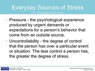 Copyright ©2012 by Pearson Education, Inc.
All rights reserved.
Psychology, Third Edition
Saundra K. Ciccarelli • J. Noland White
Everyday Sources of Stress
• Pressure - the psychological experience
produced by urgent demands or
expectations for a person’s behavior that
come from an outside source.
• Uncontrollability - the degree of control
that the person has over a particular event
or situation. The less control a person has,
the greater the degree of stress.
LO 11.3	 Psychological factors in stress
 