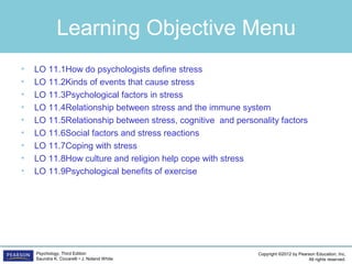 Copyright ©2012 by Pearson Education, Inc.
All rights reserved.
Psychology, Third Edition
Saundra K. Ciccarelli • J. Noland White
Learning Objective Menu
• LO 11.1How do psychologists define stress
• LO 11.2Kinds of events that cause stress
• LO 11.3	Psychological factors in stress
• LO 11.4	Relationship between stress and the immune system
• LO 11.5	Relationship between stress, cognitive and personality factors
• LO 11.6	Social factors and stress reactions
• LO 11.7	Coping with stress
• LO 11.8	How culture and religion help cope with stress
• LO 11.9	Psychological benefits of exercise
 