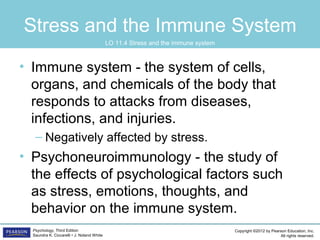 Copyright ©2012 by Pearson Education, Inc.
All rights reserved.
Psychology, Third Edition
Saundra K. Ciccarelli • J. Noland White
Stress and the Immune System
• Immune system - the system of cells,
organs, and chemicals of the body that
responds to attacks from diseases,
infections, and injuries.
– Negatively affected by stress.
• Psychoneuroimmunology - the study of
the effects of psychological factors such
as stress, emotions, thoughts, and
behavior on the immune system.
LO 11.4 Stress and the immune system
 
