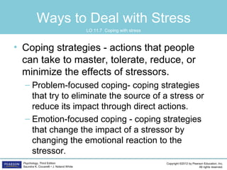 Copyright ©2012 by Pearson Education, Inc.
All rights reserved.
Psychology, Third Edition
Saundra K. Ciccarelli • J. Noland White
Ways to Deal with Stress
• Coping strategies - actions that people
can take to master, tolerate, reduce, or
minimize the effects of stressors.
– Problem-focused coping- coping strategies
that try to eliminate the source of a stress or
reduce its impact through direct actions.
– Emotion-focused coping - coping strategies
that change the impact of a stressor by
changing the emotional reaction to the
stressor.
LO 11.7 Coping with stress
 