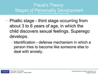 Freud’s Theory:
           StagesLO 13.2Personality Development
                  of Freud’s historical views of personality

• Phallic stage - third stage occurring from
  about 3 to 6 years of age, in which the
  child discovers sexual feelings. Superego
  develops.
   – Identification - defense mechanism in which a
     person tries to become like someone else to
     deal with anxiety.



  Psychology, Third Edition                        Copyright ©2012 by Pearson Education, Inc.
  Saundra K. Ciccarelli • J. Noland White                                 All rights reserved.
 