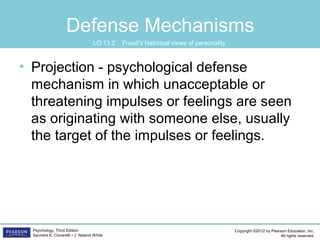 Copyright ©2012 by Pearson Education, Inc.
All rights reserved.
Psychology, Third Edition
Saundra K. Ciccarelli • J. Noland White
Defense Mechanisms
• Projection - psychological defense
mechanism in which unacceptable or
threatening impulses or feelings are seen
as originating with someone else, usually
the target of the impulses or feelings.
LO 13.2 Freud’s historical views of personality
 