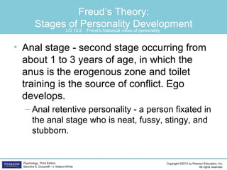 Copyright ©2012 by Pearson Education, Inc.
All rights reserved.
Psychology, Third Edition
Saundra K. Ciccarelli • J. Noland White
Freud’s Theory:
Stages of Personality Development
• Anal stage - second stage occurring from
about 1 to 3 years of age, in which the
anus is the erogenous zone and toilet
training is the source of conflict. Ego
develops.
– Anal retentive personality - a person fixated in
the anal stage who is neat, fussy, stingy, and
stubborn.
LO 13.2 Freud’s historical views of personality
 