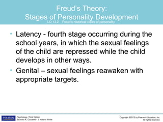 Copyright ©2012 by Pearson Education, Inc.
All rights reserved.
Psychology, Third Edition
Saundra K. Ciccarelli • J. Noland White
Freud’s Theory:
Stages of Personality Development
• Latency - fourth stage occurring during the
school years, in which the sexual feelings
of the child are repressed while the child
develops in other ways.
• Genital – sexual feelings reawaken with
appropriate targets.
LO 13.2 Freud’s historical views of personality
 