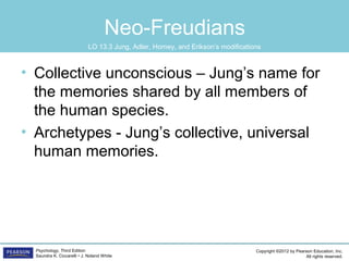 Copyright ©2012 by Pearson Education, Inc.
All rights reserved.
Psychology, Third Edition
Saundra K. Ciccarelli • J. Noland White
Neo-Freudians
• Collective unconscious – Jung’s name for
the memories shared by all members of
the human species.
• Archetypes - Jung’s collective, universal
human memories.
LO 13.3 Jung, Adler, Horney, and Erikson’s modifications
 