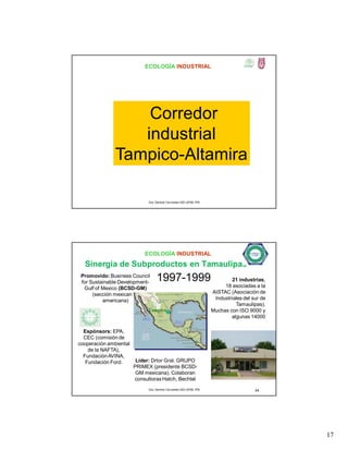 17
ECOLOGÍA INDUSTRIAL
Corredor
industrial
Tampico-Altamira
Dra. Gemma Cervantes GIEI-UPIBI, IPN
ECOLOGÍA INDUSTRIAL
34
Sinergia de Subproductos en Tamaulipas
Promovido: Business Council
for Sustainable Development-
Gulf of Mexico (BCSD-GM)
(sección mexicana y
americana)
21 industrias,
18 asociadas a la
AISTAC (Asociación de
Industriales del sur de
Tamaulipas).
Muchas con ISO 9000 y
algunas 14000
Espónsors: EPA,
CEC (comisión de
cooperación ambiental
de la NAFTA),
FundaciónAVINA,
Fundación Ford. Líder: Drtor Gral. GRUPO
PRIMEX (presidente BCSD-
GM mexicana). Colaboran
consultoras Hatch, Bechtel
Dra. Gemma Cervantes GIEI-UPIBI, IPN
1997-1999
 