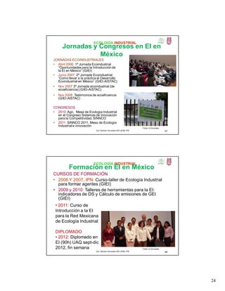 24
ECOLOGÍA INDUSTRIAL
47
Fotos: G.Cervantes
JORNADAS ECOINDUSTRIALES
• Abril 2006: 1ª Jornada Ecoindustrial
“Oportunidades para la Introducción de
la EI en México” (GIEI)
• Junio 2007: 2ª Jornada Ecoindustrial
“Como llevar a la práctica el Desarrollo
Ecoindustrial en México” (GIEI-AISTAC)
• Nov 2007 3ª Jornada ecoindustrial (de
ecoeficiencia) (GIEI-AISTAC)
• Nov 2008 Testimonios de ecoeficiencia
(GIEI-AISTAC)
CONGRESOS
• 2010: Ago, Mesa de Ecología Industrial
en el Congreso Sistemas de Innovación
para la Competitividad, SINNCO
• 2011: SINNCO 2011, Mesa de Ecología
Industriale innovación
Jornadas y Congresos en EI en
México
Dra. Gemma Cervantes GIEI-UPIBI, IPN
ECOLOGÍA INDUSTRIAL
48
Fotos: G.Cervantes
CURSOS DE FORMACIÓN
• 2006 Y 2007, IPN: Curso-taller de Ecología Industrial
para formar agentes (GIEI)
• 2009 y 2010: Talleres de herramientas para la EI:
indicadores de DS y Cálculo de emisiones de GEI
(GIEI)
Formación en EI en México
• 2011: Curso de
Introducción a la EI
para la Red Mexicana
de Ecología Industrial
DIPLOMADO
• 2012: Diplomado en
EI (90h) UAQ sept-dic
2012, fin semana
Dra. Gemma Cervantes GIEI-UPIBI, IPN
 
