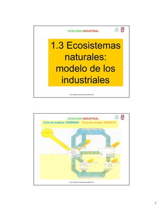 7
ECOLOGÍA INDUSTRIAL
1.3 Ecosistemas
naturales:
modelo de los
industriales
Dra. Gemma Cervantes GIEI-UPIBI, IPN
ECOLOGÍA INDUSTRIAL
Ciclo de materia: CERRADO Flujo de energía: ABIERTO
Dra. Gemma Cervantes GIEI-UPIBI, IPN
 