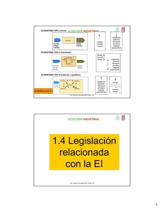 9
ECOLOGÍA INDUSTRIALECOSISTEMA TIPO I (inicial)
ECOSISTEMA TIPO II (intermedio)
ECOSISTEMA TIPO III (madurez o equilibrio)
EJERCICIO 4
Dra. Gemma Cervantes GIEI-UPIBI, IPN
ECOLOGÍA INDUSTRIAL
1.4 Legislación
relacionada
con la EI
Dra. Gemma Cervantes GIEI-UPIBI, IPN
 
